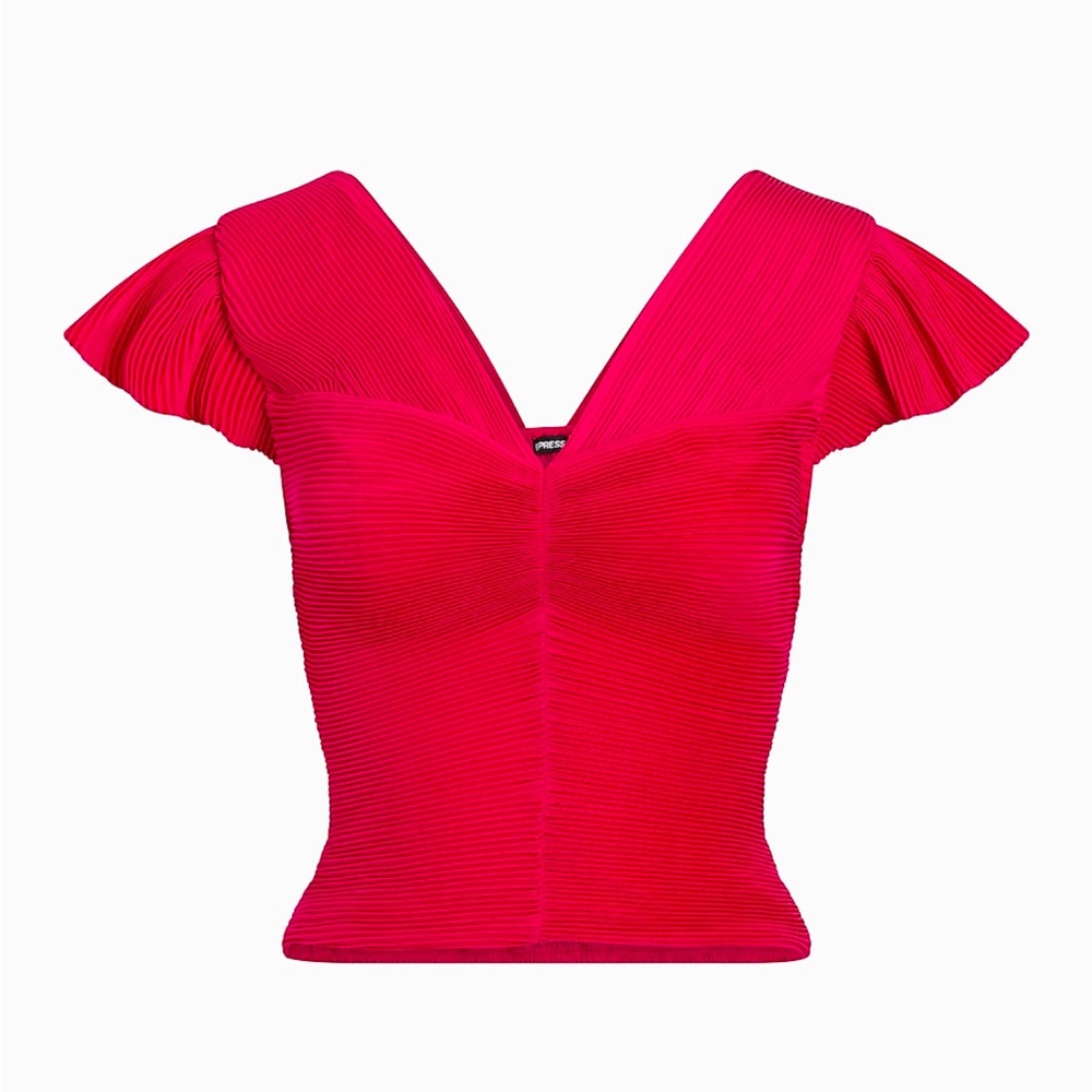 New!! Express Pleated Flutter Sleeve Cropped Hot Pink Top